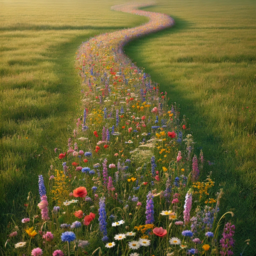 Ein Blumenstreifen in einer Wiese (KI)